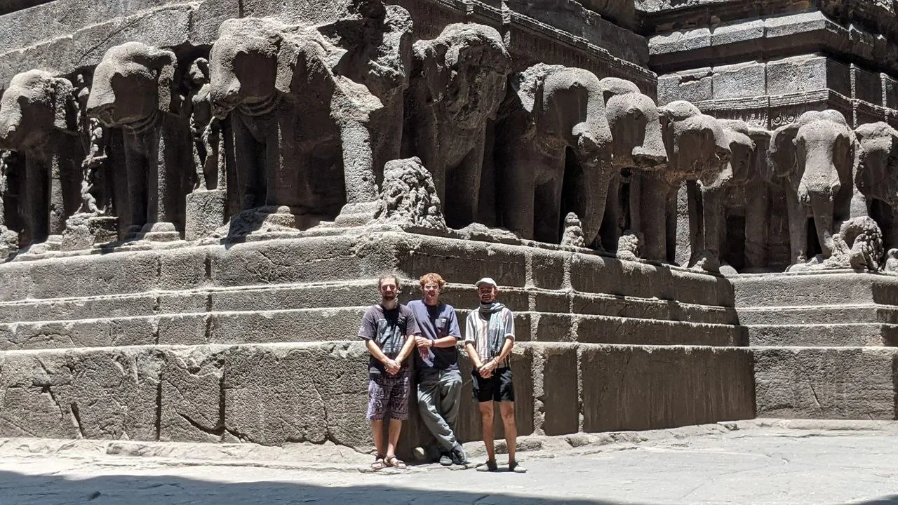 New Leaf Academy tutors Dan, Kai, and Marcus in Ellora Caves, India